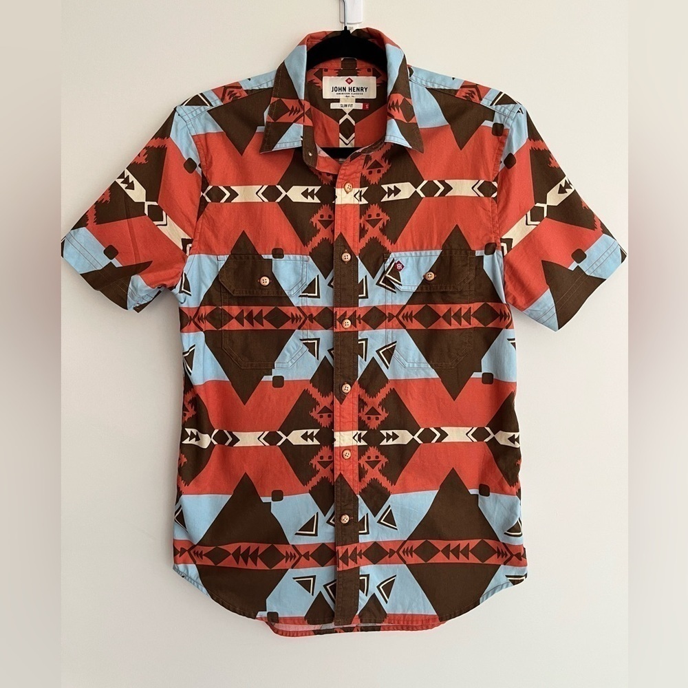 JOHN HENRY Slim Fit Short Sleeve Button Front Shirt Geometric Southwestern